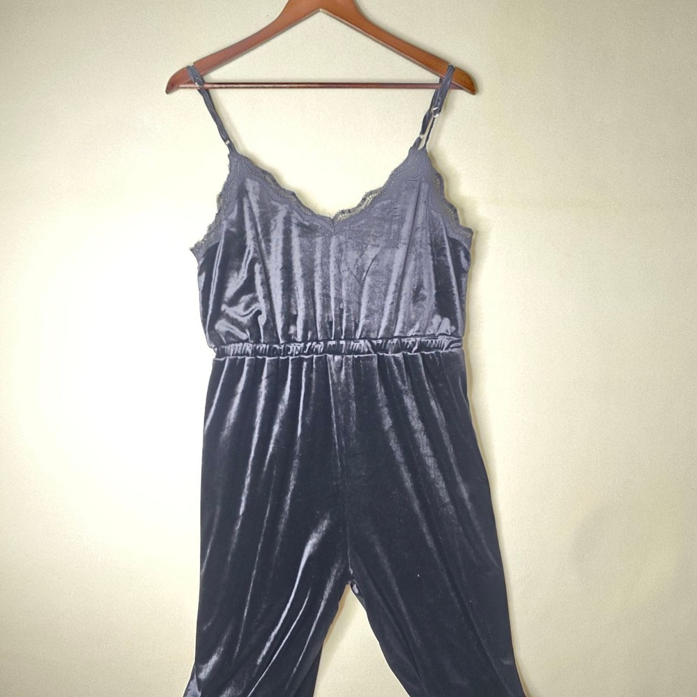 Etiquette Black Velvet Lace Trim Jumpsuit Wide Leg Large Casual Classic HON397